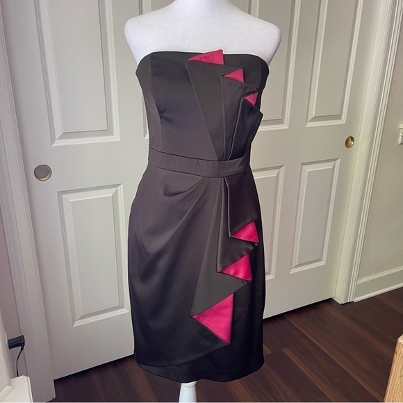 WHBM Satin Strapless Cocktail Dress Faux Wrap Front Black with Pink Pleating - Picture 2 of 16
